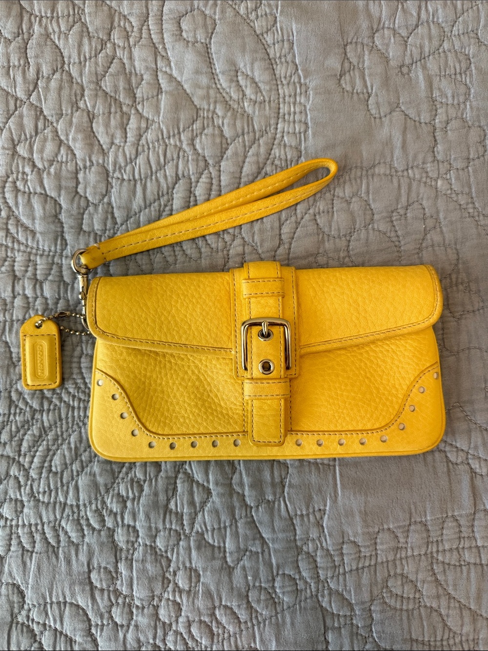 Gorgeous Coach Yellow Pebbled Leather Wristlet Clutch with Buckle